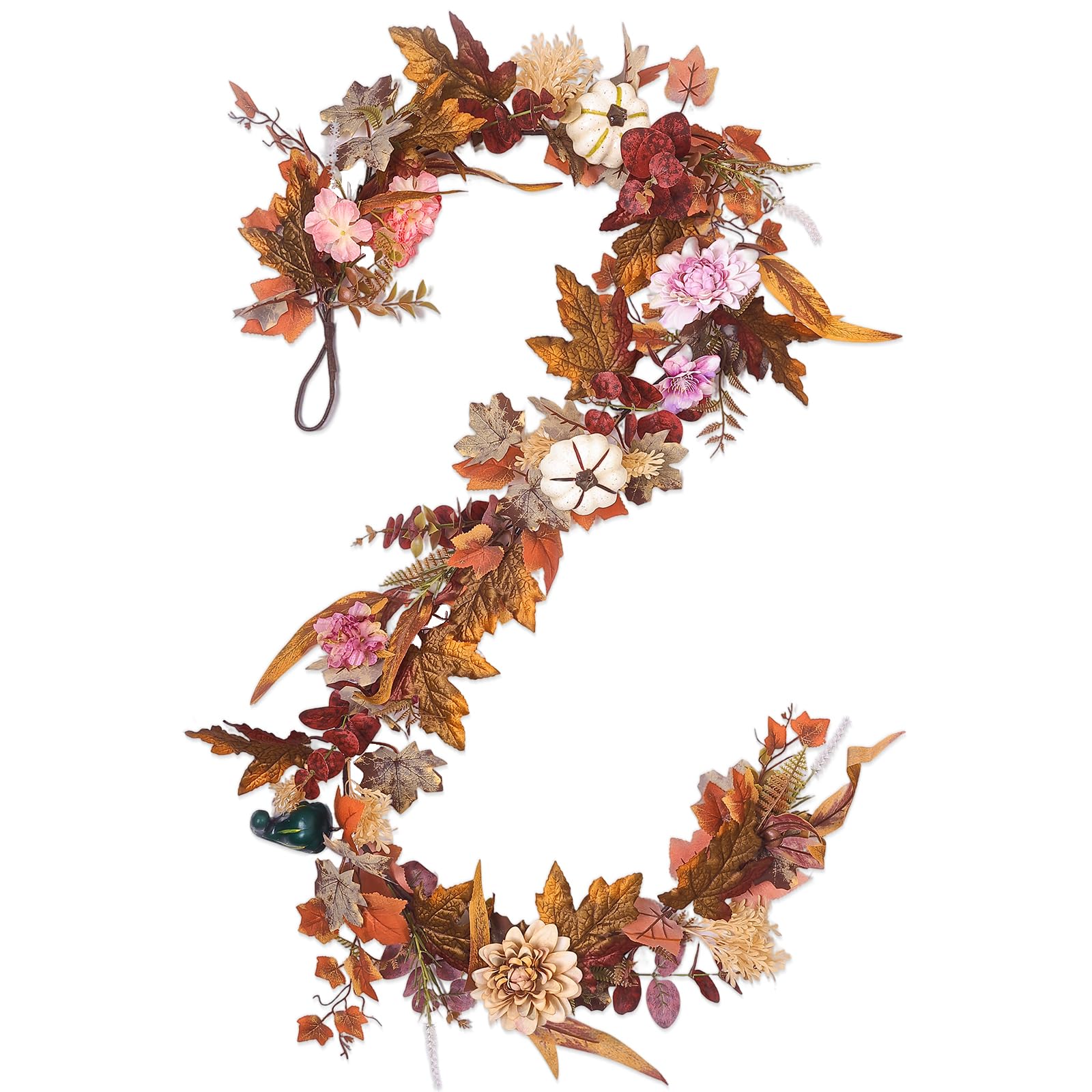 Photo 1 of 6ft Fall Garland with Maple Leaves and White Pumpkins – Artificial Autumn Pumpkin Garland for Mantle, Fireplace, Porch, Wedding, Thanksgiving and Home Decorations