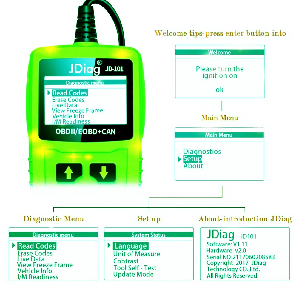 JDiag JD101 OBD2 Code Reader Car Scanner Diagnostic Tool Engine Fault Code Reader Check Engine Light Clear Fault Codes OBDII EOBD Vehicles with Battery Testing Function