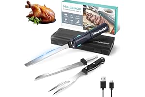 HAUSHOF Cordless Electric Knife Set for Meat Slicing, 8V Electric Carving Knife for Fish, Bread, Turkey, Rechargeable Meat Cu