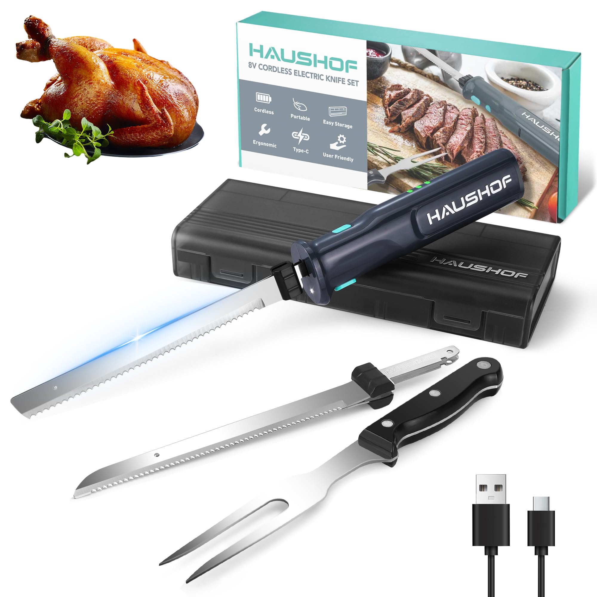 Photo 1 of HAUSHOF Cordless Electric Knife Set for Meat Slicing, 8V Electric Carving Knife for Fish, Bread, Turkey, Rechargeable Meat Cutter with Reciprocating Stainless Steel Blades, Safety Lock & Storage Case