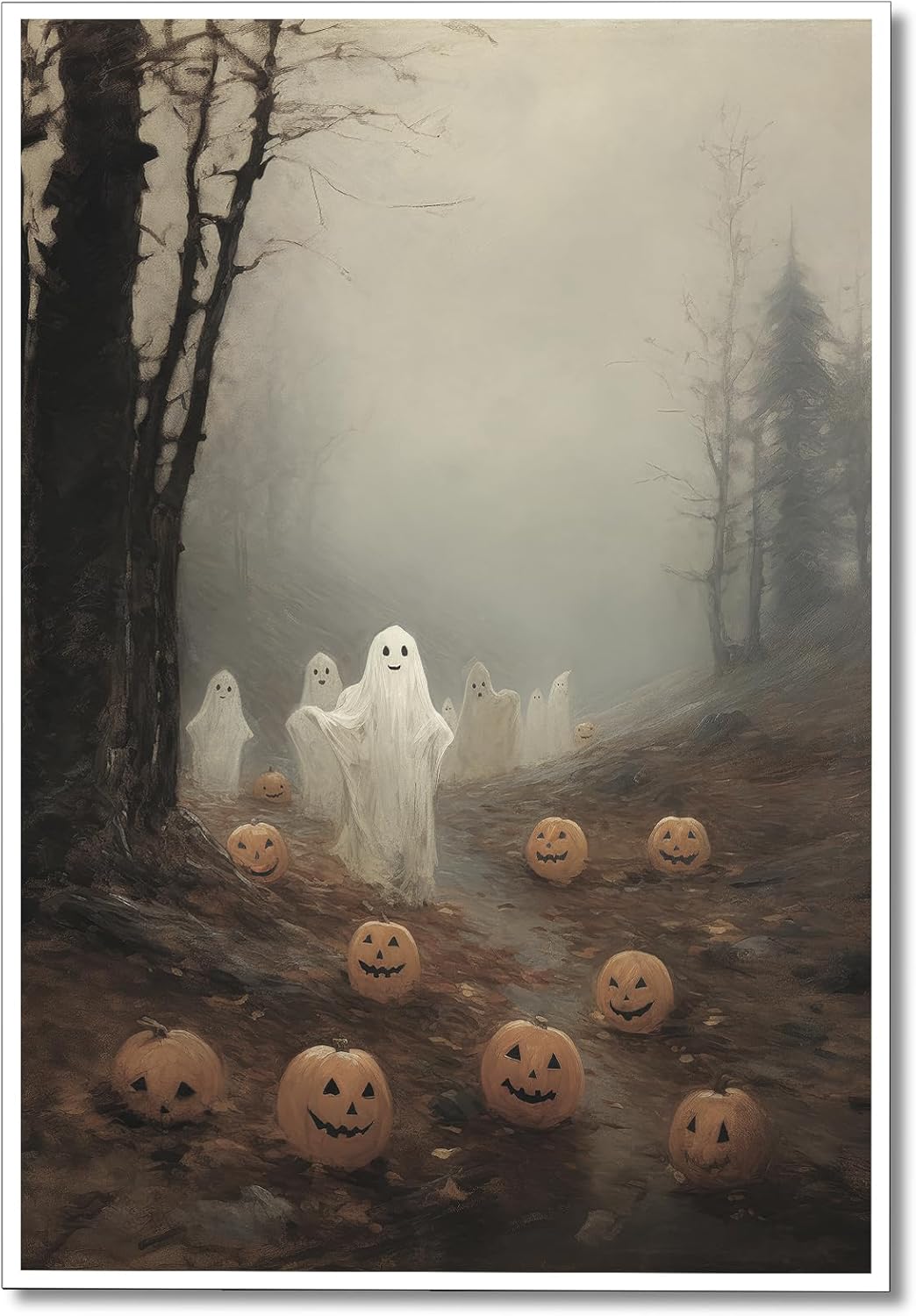 Wall Décor - ogyormpi Vintage Halloween Canvas Wall Art, Cute Ghosts In Haunted Forest Poster, Funny Spooky Lighted Pumpkin Print Decorations, Dark Academia Halloween Pictures Wall Decor 12x16in Unframed
