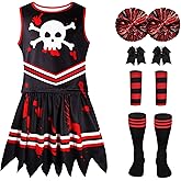LiuSuper Zombie Cheerleader Costume for Girls, Bloody Skull Cheerleading Outfit for Halloween, Scary Kids Role Play Costumes