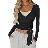 Sweetyweee Women Wrap Tie Tops Lightweight Slim Fit Ballet Pilates Yoga Workout Active Shirts Long Sleeve V Neck Casual Tees