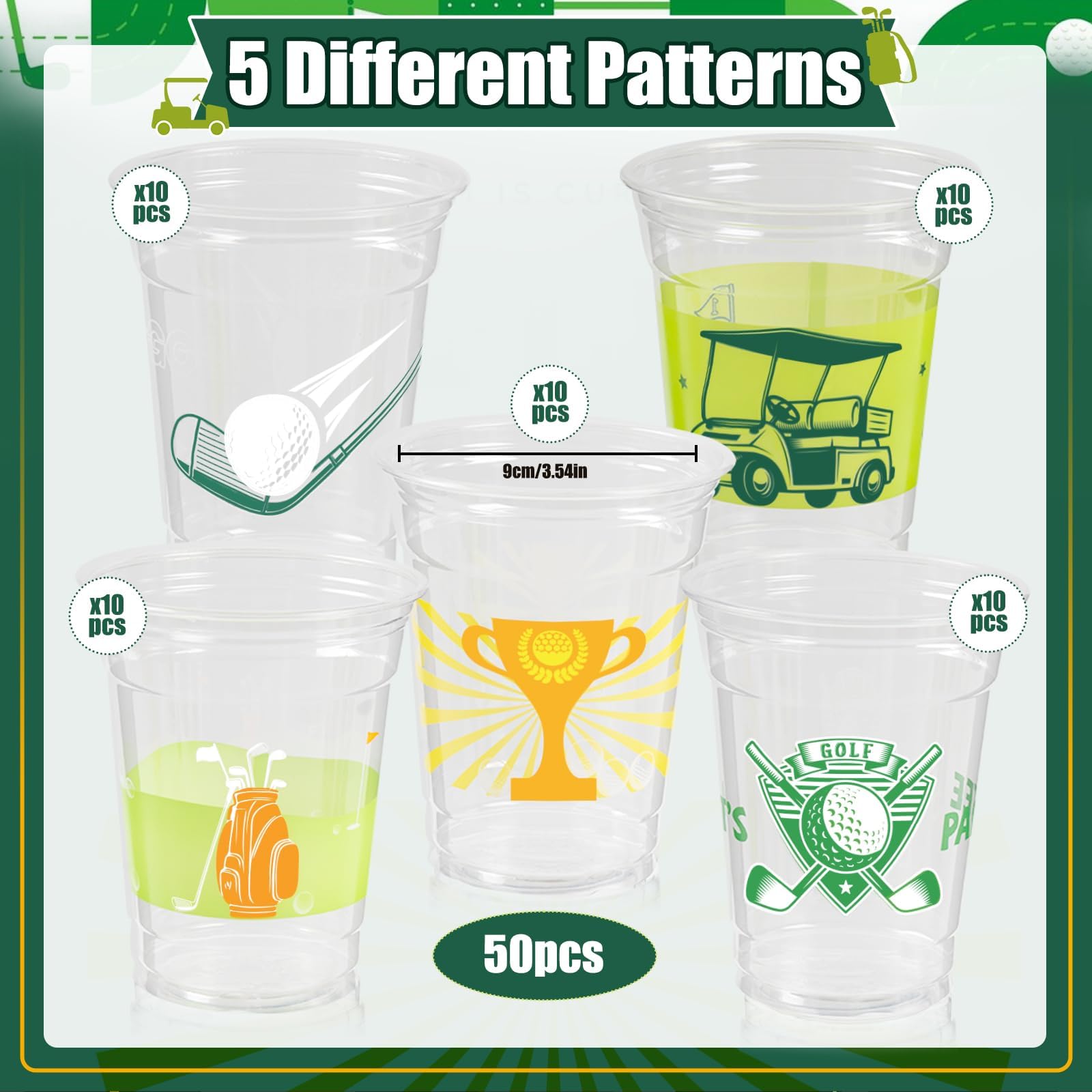 50 Pack Golf Ball Party Cups - 12oz Clear Plastic Drinking Cups, Green Disposable Masters Golf Birthday Bachelor Party Decorations Supplies