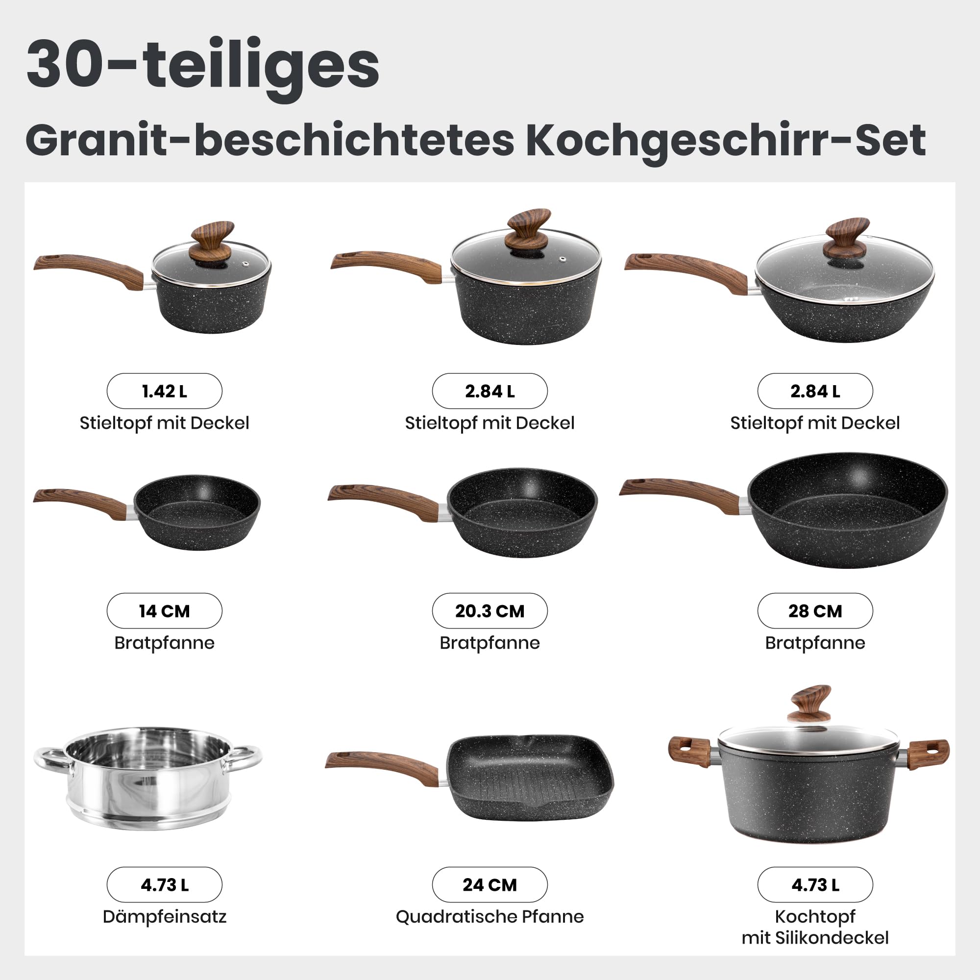 DishDelight Induktions-Kochgeschirr-Set mit Grillplatte 30-teiliges Induktions Töpfe Set Topf und Pfannenset mit Deckel Granit Antihaftbeshichtung Topfset Kochtopf 2