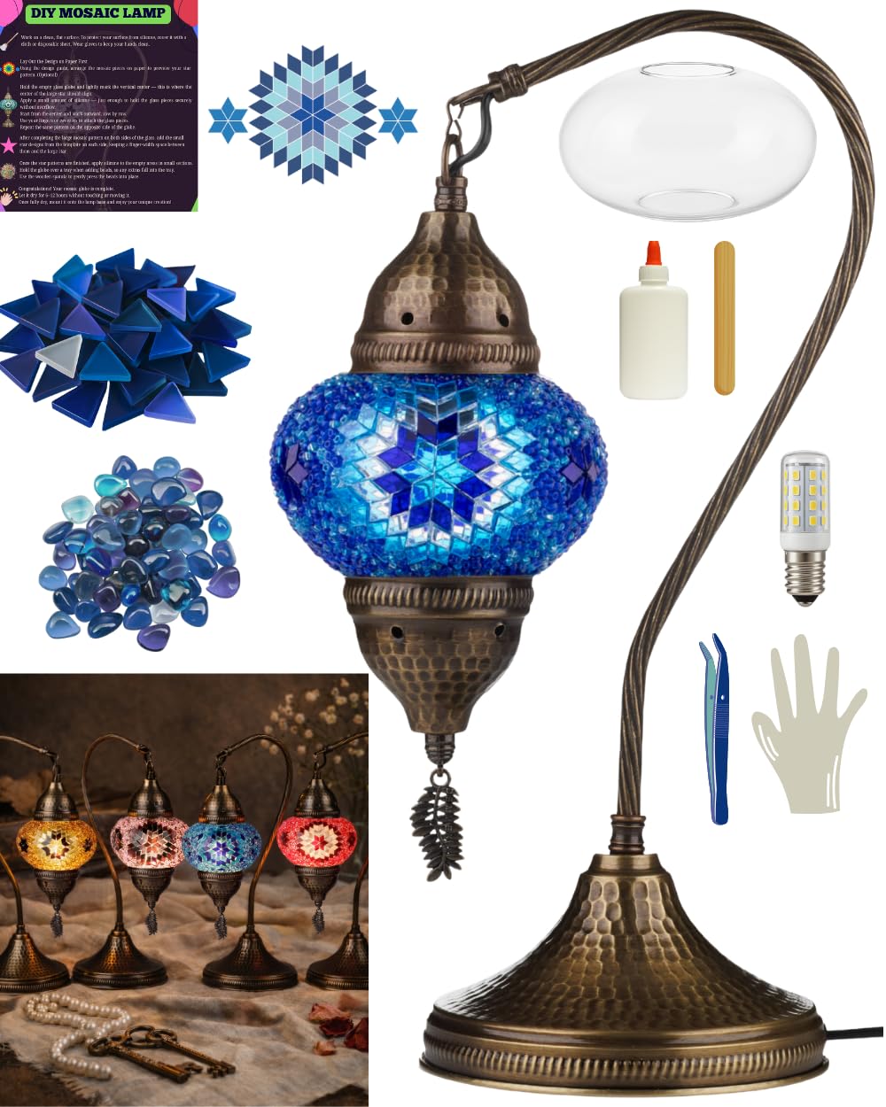 DEMMEX DIY Turkish Mosaic Lamp Kit – Complete Arts & Crafts Gift Set for Adults & Teens – Easy & Fun Home Décor, Make Your Own Table Lamp (SWAN, Blue) — image 1