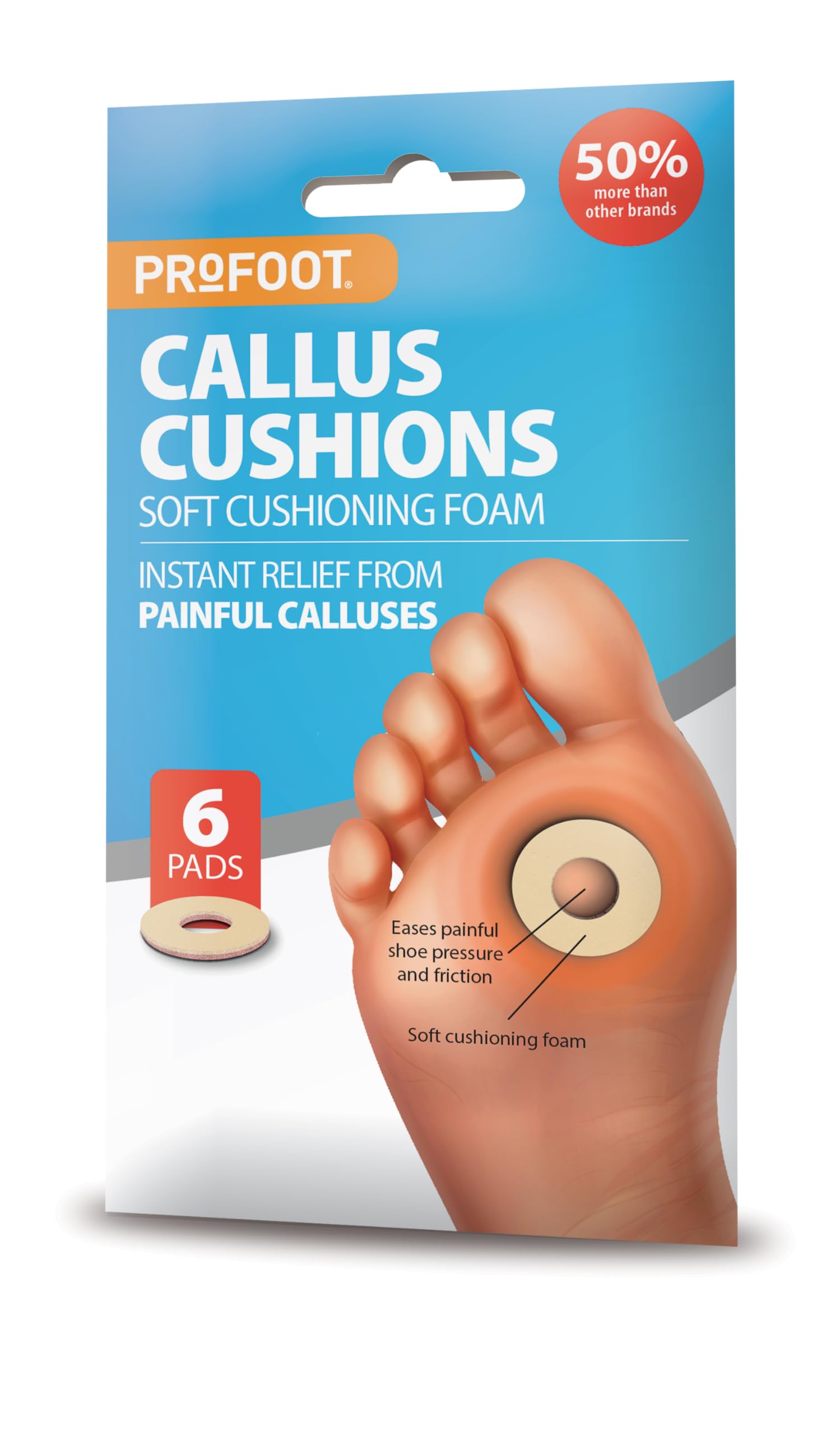 PROFOOT Callus Cushions - Instant Relief from Painful Calluses - 6 Pads, Super Soft Foam, Hypoallergenic Adhesive - Anti-Friction - Soft Cushioning