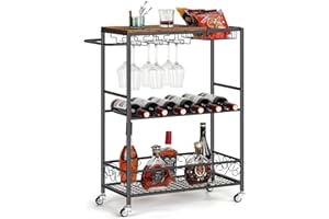 Shinoske Bar Cart for The Home,Bar Cart with Wheels and Handle,3-Tier Home Bar Serving Cart with Wine Rack and Glass Holder,Rolling Wine Cart for Kitchen,Dining Room,Living Room,Rustic Brown
