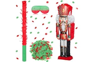 Poen 25.59 Inch Christmas Nutcracker Piñata Set Large Nutcracker Piñata with Blindfold, Bat and Confetti for Christmas Xmas Holiday Party Favors Decorations Candy Holder Accessories Party Game (Red)