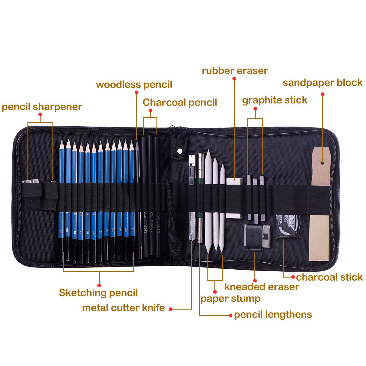 H&B Sketching Pencils Set Drawing and Sketch Kit 32-Piece Set with Pencils, Erasers, Graphite Stick, Sandpaper Block, Pencil Sharpener