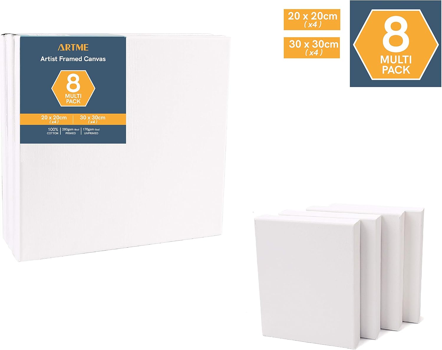 Artme Pre-Stretched Canvas 8pcs, 20x20CM-4pk, 30x30CM-4pk, Artist Framed Square Canvas 1.7cm - Image 3