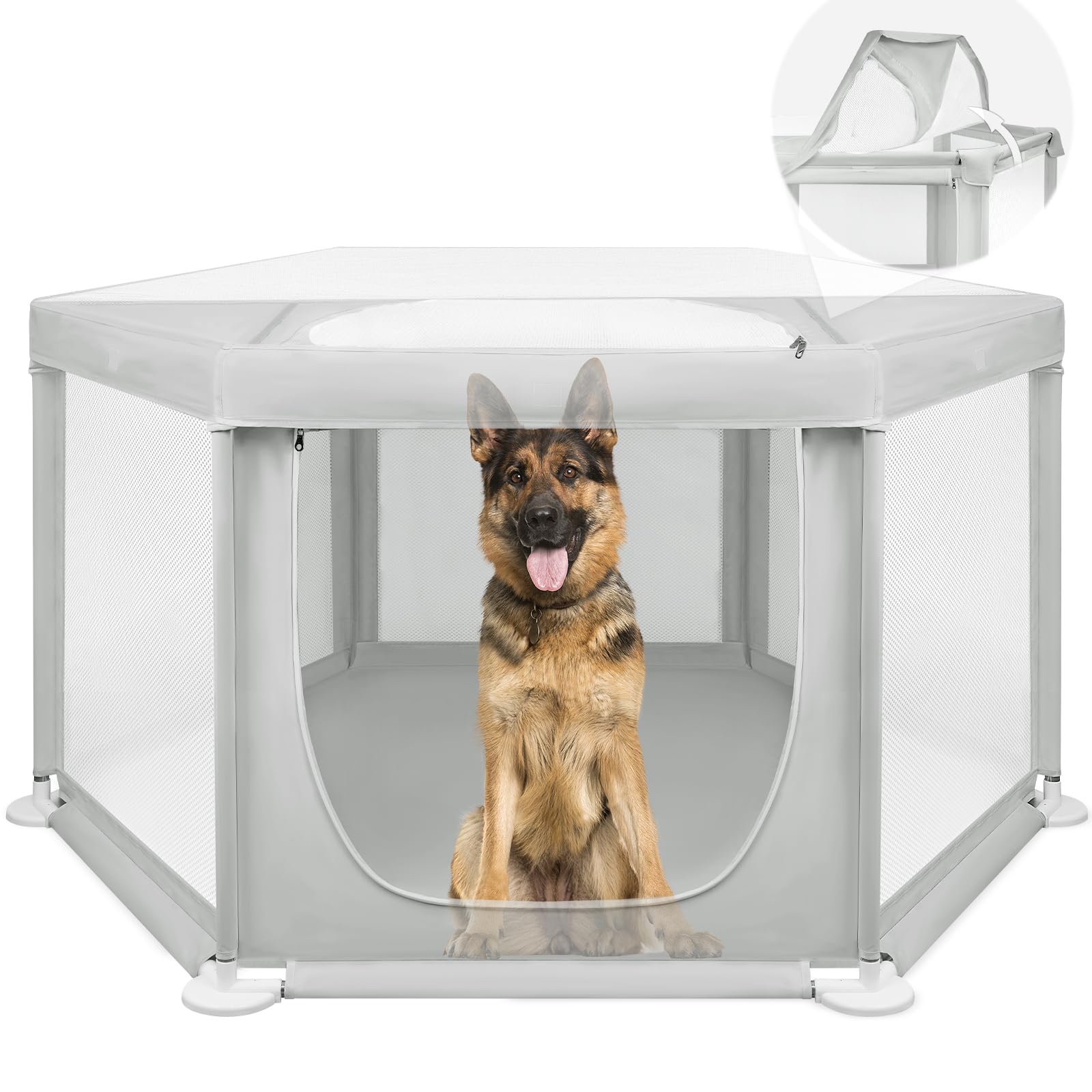 Photo 1 of 69.3"x69.3"x34.65" Extra Large Dog Playpen Indoor, Tall Puppy Playpen with Removable Roof, Sturdy Fabric Dog Pen for Medium to Large Pets, Spacious Hexagonal Pet Playpen Indoor for Comfort & Security