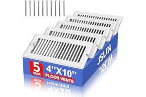 JSLIN 4x10 Floor Regsiter - 5 Pack Vent Covers for Home Floor Wall Ceiling - White with Screws for Easy Installation - Heavy Duty Steel Walkable Finish for Quiet Adjustable Airflow HVAC Register Grilles