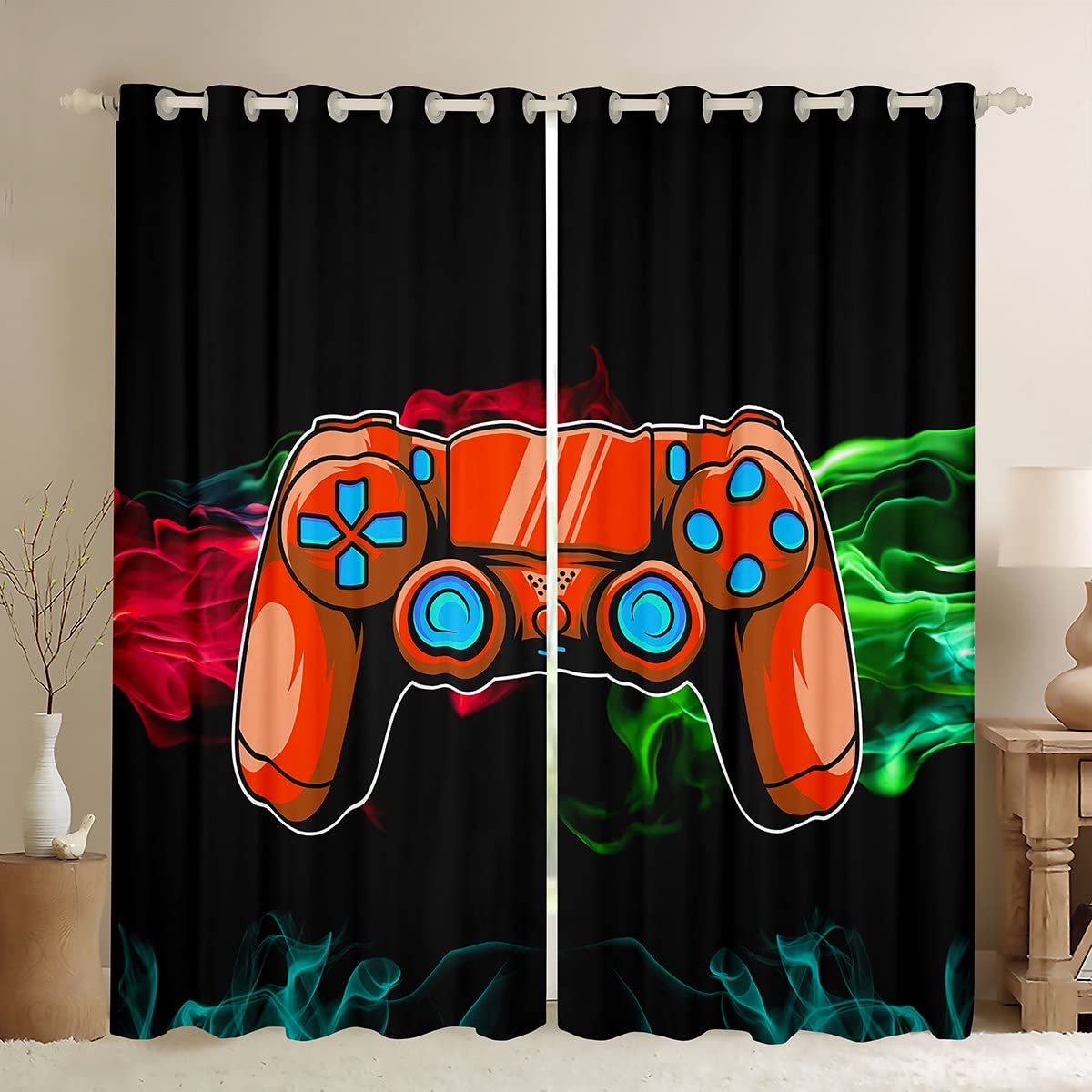 Homemissing Boys Gamer Window Curtains for Bedroom Living Room Video Gaming Curtains Kids Game Controller Window Drapes Orange Red Red Green Flame Window Curtains W66*L72