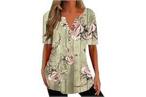 LEODYE Vintage Floral Tops for Women Casual V Neck Button Down Shirt Summer Short Sleeve Tunic Tops Loose Fit Plus Size Top