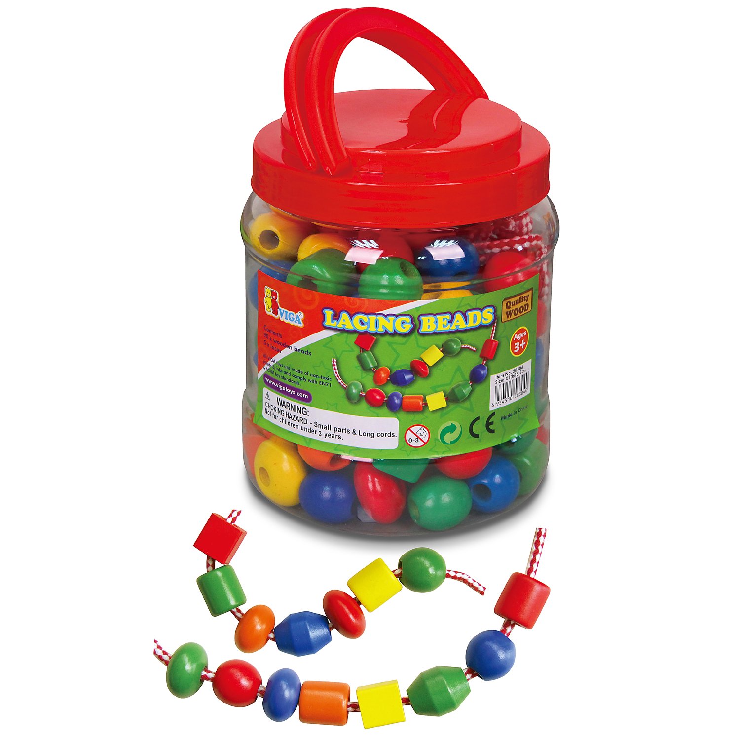 New Classic Toys Viga Wooden Jumbo Lacing Beads Tub - Childrens Threading STEM Wood Toy Multi Color 90 Pieces