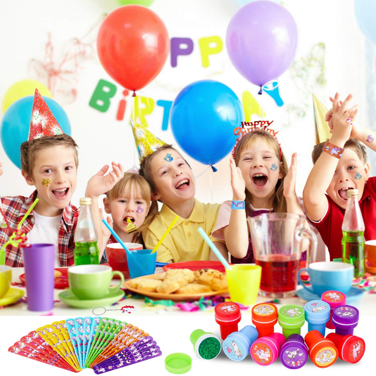 Unicorn Party Favors Supplies, Aywewii 72 Pcs Unicorn Party Favors for Kids Boys Girls, Unicorn Keychains, Unicorn Slap Bracelets, Unicorn Rings,Unicorn Stampers,Unicorn Birthday Party Supplies