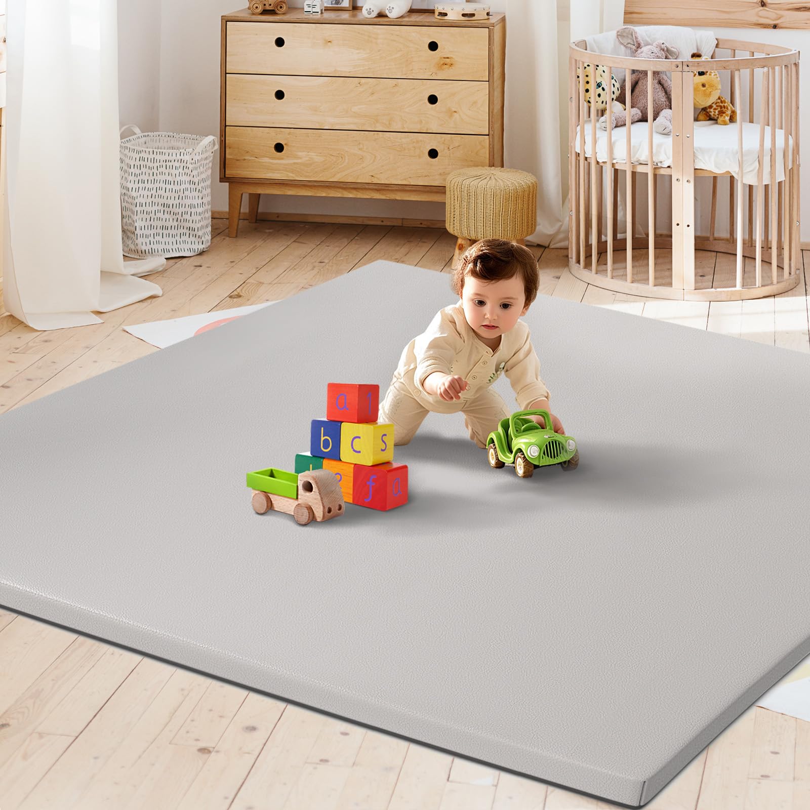Photo 1 of Padded Vegan Leather Baby Play Mat, 1.3 Inch Thicken Foam Cushioned & 50 x 50 Waterproof Playpen Mat for Infants and Toddlers, Stylish and Just Wipe-Clean Playmat for Baby Play on Floor,Brown Gray