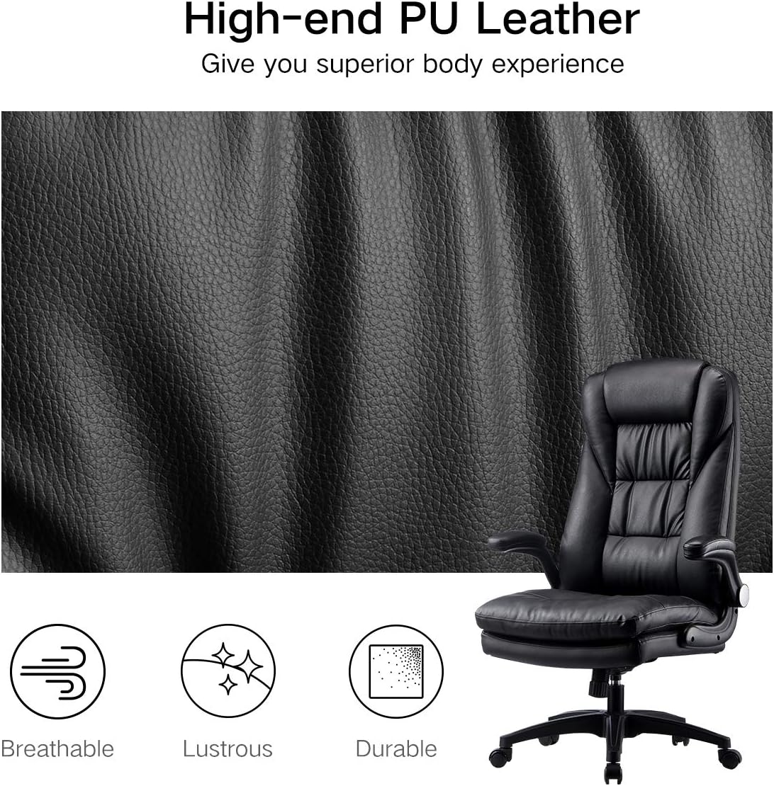 Hbada Ergonomic Executive Office Chair, PU Leather High-Back Desk Chair with Big and Tall Backrest and Cushion, Swivel Rocking Chair with Flip-up Padded Armrest and Adjustable Height, Black: Kitchen & Dining
