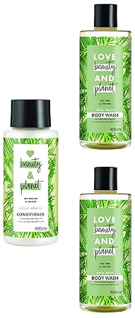 Love Beauty & Planet Tea Tree and Vetiver Aroma Radical Refresher Shampoo, Conditioner & Daily Detox Body Wash, (3 * 400 ml)