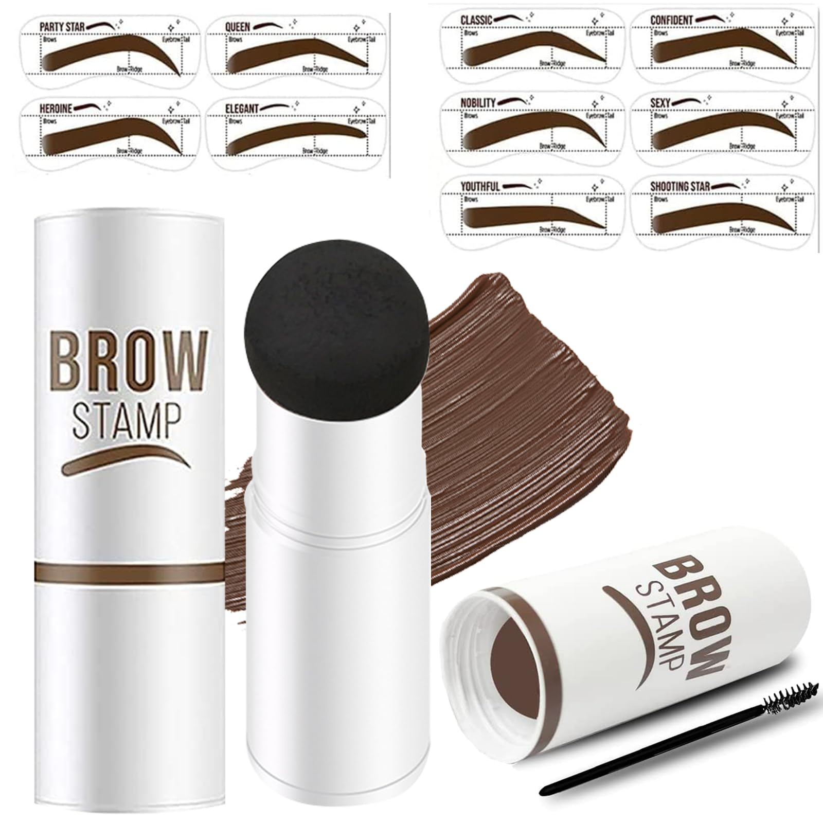 One Step Eyebrow Stamp and Shaping Kit - 10 Stencils - Long-lasting Waterproof Makeup Kit (Natural Brown)