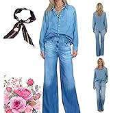 Women's Denim Dreams Pajama Set Soft Stretch Cozy Button-Down Top Relaxed Wide-Leg Pants Cloud-Like Comfort Sleepwear