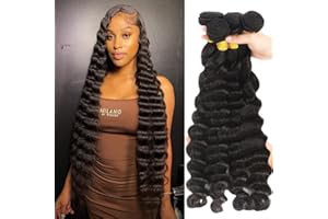 BORCHAN Loose Deep Wave Bundles Human Hair 4 Bundles 20 22 24 26 Inch 100% Unprocessed Brazilian Virgin Human Hair Bundles Loose Deep Wave Human Hair Weave 4 Bundles Can Be Dyed and Bleached Natural Black