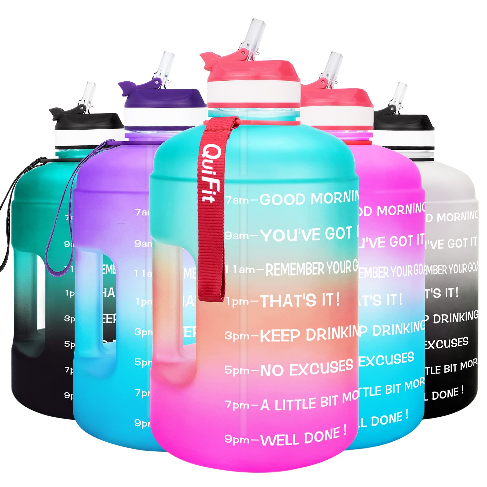 QuiFit 3.78 Litre Motivational Water Bottle - with Straw & Time Marker,Wide Mouth,BPA Free,Reusable,Ideal for Gym,Outdoor Sport,Home & Office (Green/Pink Gradient, 3.78 Liter)