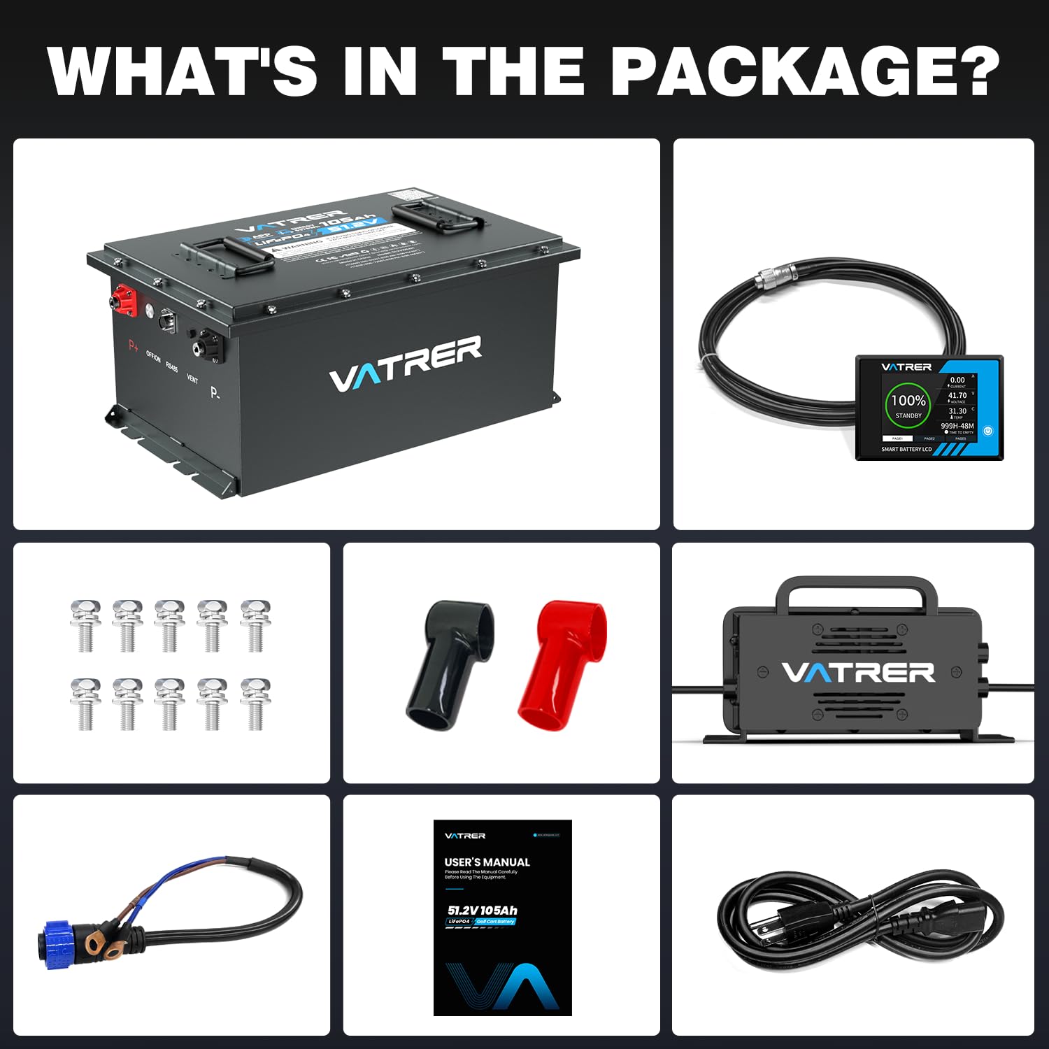VATRER POWER 48V 105Ah Lithium Golf Cart Battery, Built-in Smart 200A BMS, with Touch Monitor & Mobile APP, 4000+ Cycles Rechargeable LiFePO4 Battery, Max 10.24kW Power Output, Perfect for Golf Carts