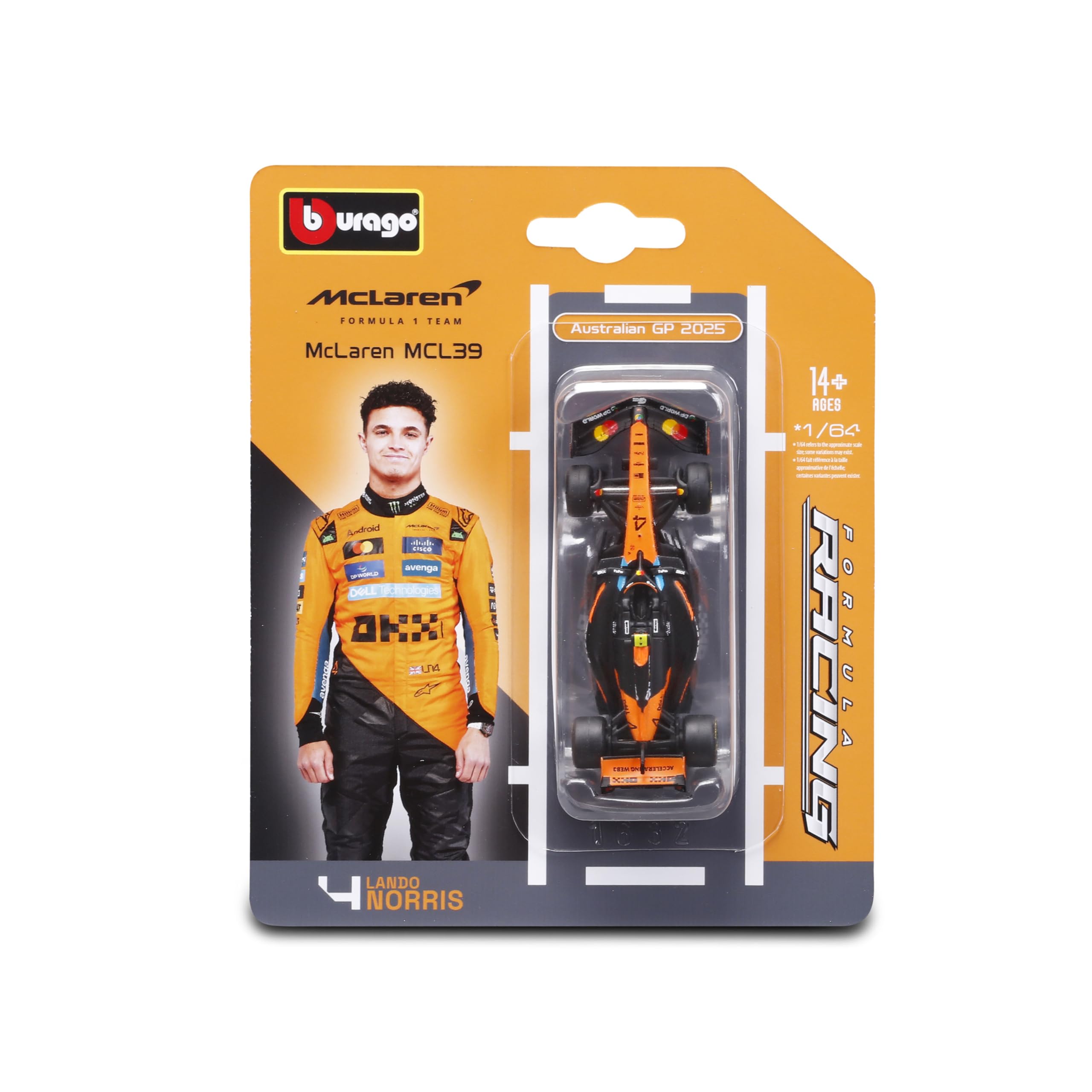 Bburago - F1 McLaren F1 MCL39 2025#4 Lando Norris, 1:64 Scale Diecast Car, Detailed Formula 1 Single-Seater Replica, Official McLaren Colours, Collectible Blister Pack, Recommended Age 14+