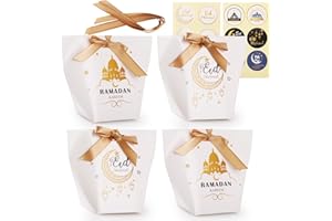 Simpeak 12pcs Eid Mubarak Candy Gifts Boxes With 12 Ribbons + 12 Eid Mubarak Stickers,Ramadan Gift Box, DIY Ramadan Treats Bo