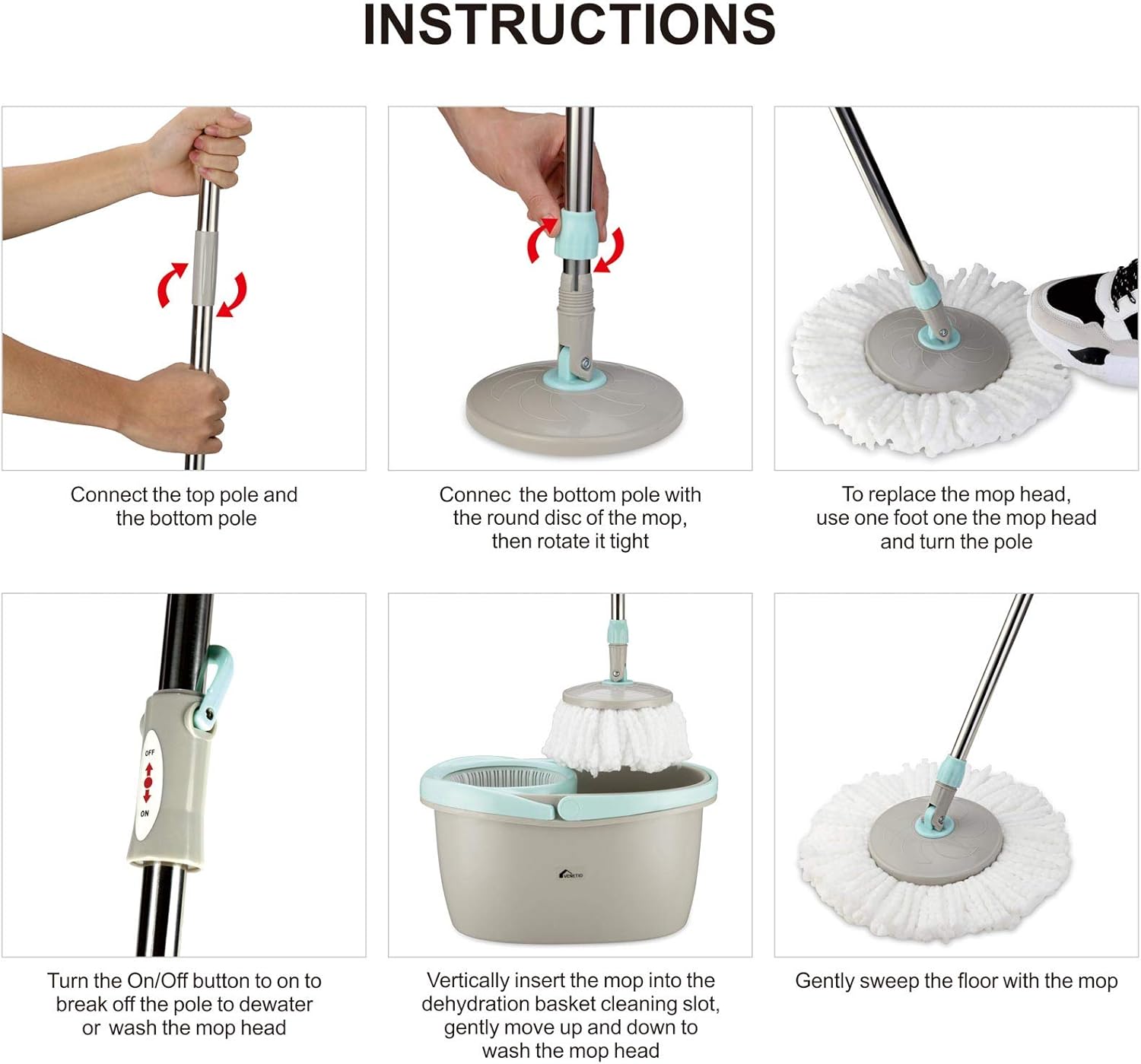 VENETIO Householding 360 Spin Mop and Bucket System with Wringer Set - Dry Wet Self Wringing for Fast Floor Cleaning with 2 Microfiber Mop Heads for Wood, Hardwood, Laminate, Tile - Commercial Grey: Home & Kitchen