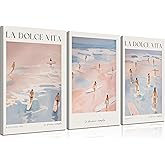 3Pcs Blue and Pink Coastal Canvas Wall Art Watercolor Preppy Surf Painting Picture Wall Decor La Dolce Vita Surfing Summer Beach Poster Print Artwork for Girl Dorm Livingroom Bedroom Home Decoration