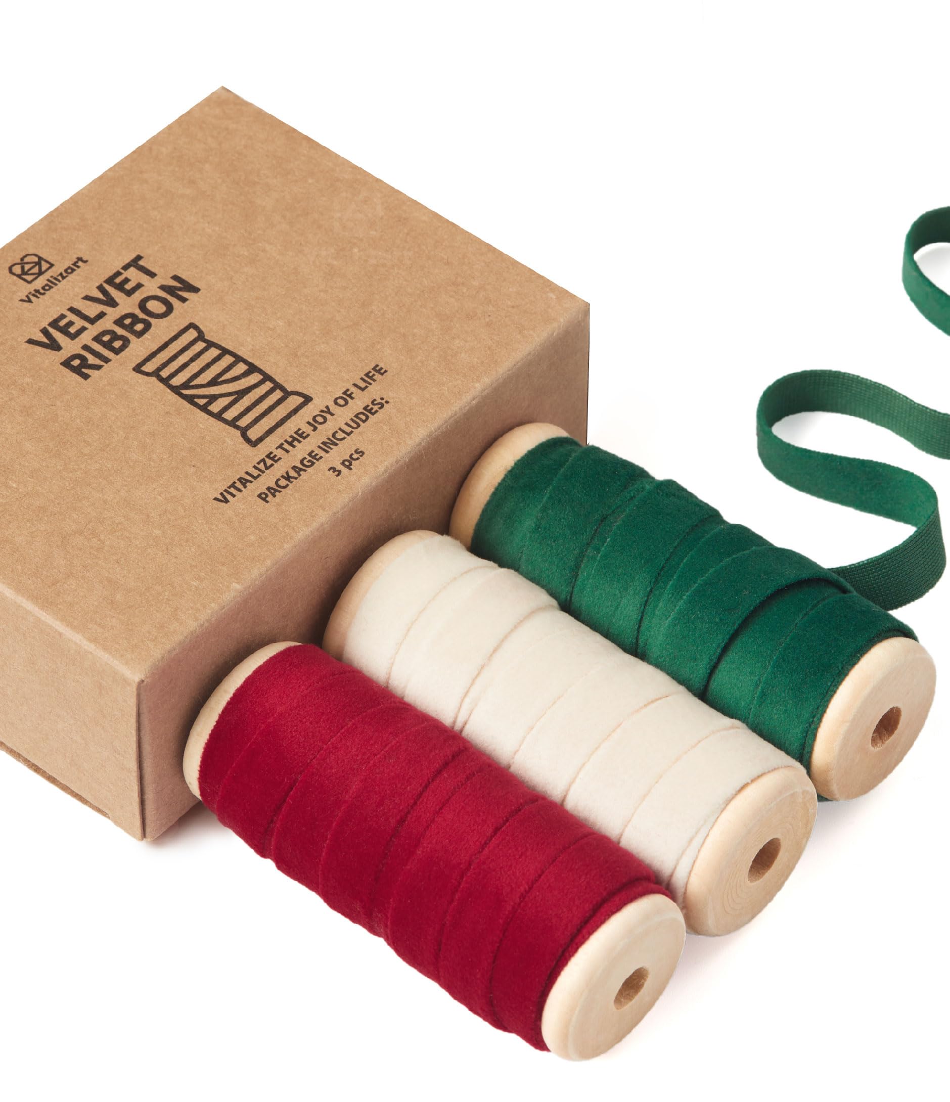 Vitalizart Christmas Velvet Ribbon Set 3/8" x 5Yd x 3 Rolls (White Red Green) with Wooden Spool, Fabric Ribbon for Christmas Wreath Decoration Handmade Craft Ornaments Gift Wrapping & Bow Making