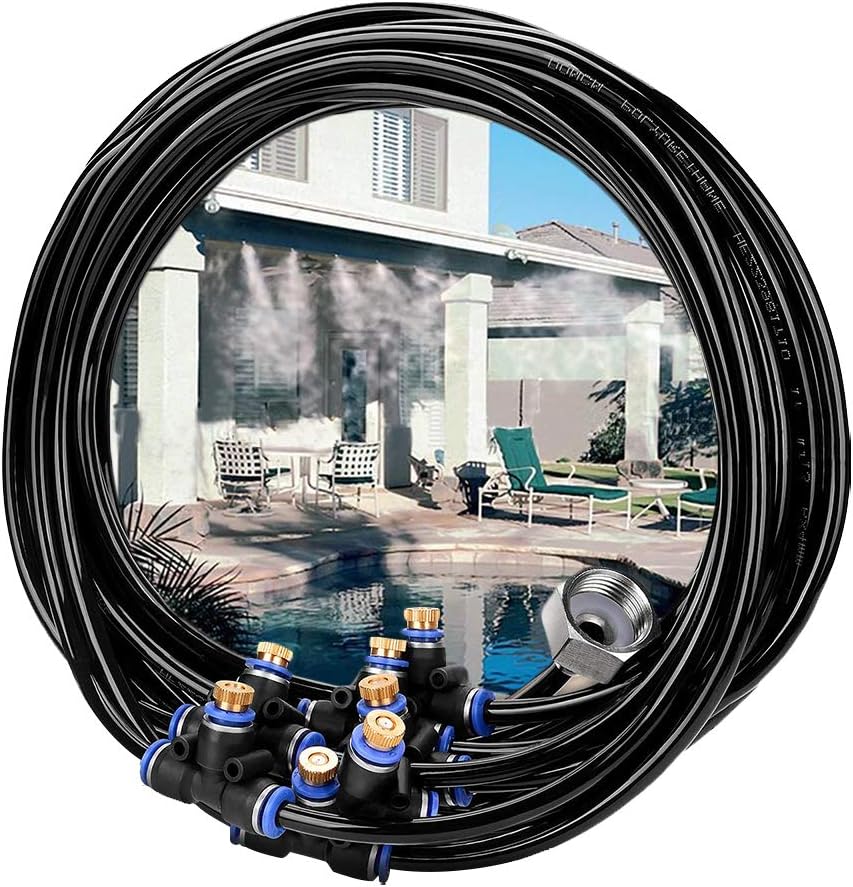 TUEU Outdoor Mist Cooling System with 9 Brass Mist Nozzles Garden Irrigation System Patio Mister for Greenhouse Trampoline 26.2FT (8M)