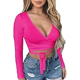 Artfish Women Sexy Deep V Neck Crop Top Bandage Wrap Tie Tight Cropped Fitted Cleavage Shirts