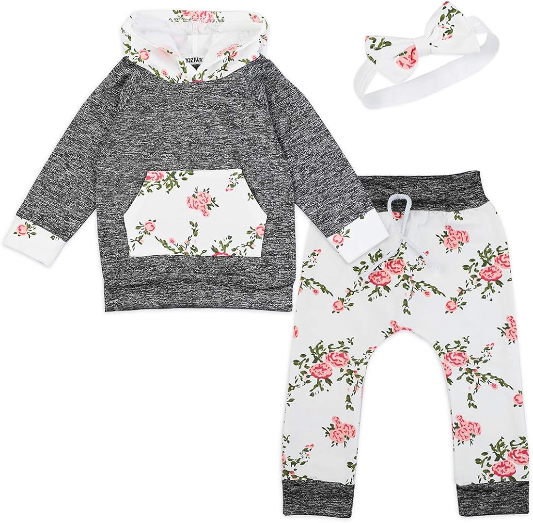 3 Pcs Baby Girls Clothes, Long Sleeve T-Shirt Tops Floral Pants with Headband Toddler Girl Outfits Set 0-5T