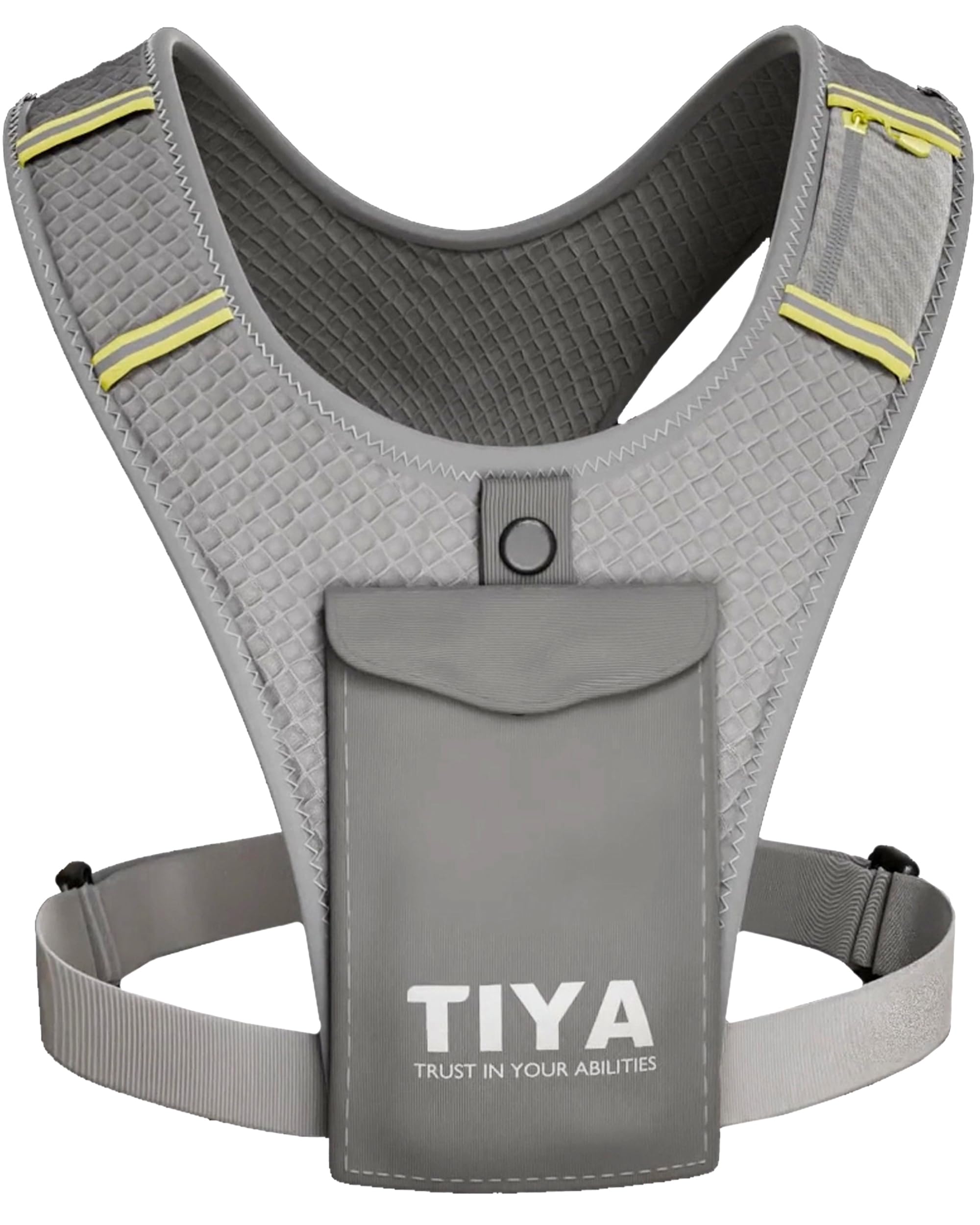 TIYA Running Vest Phone Holder | Waterproof Smartphone Pouch | Zero Bounce | Ultra Lightweight | Reflective | Shoulder Pocket for Keys, Cards & Gel | Adjustable | Men & Women | Grey
