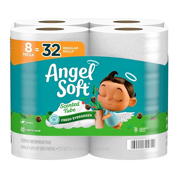 ANGEL SOFT TOILET PAPER WITH FRESH EVERGREEN SCENTED TUBE, 8 MEGA ROLLS = 32 REGULAR ROLLS, SOFT AND STRONG TOILET TISSUE