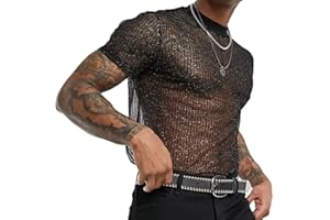 Evankin Mens Sexy Glitter Shirt Top See Through Lace Short Sleeve T-Shirt Sheer Mesh Undershirts to Show Muscle