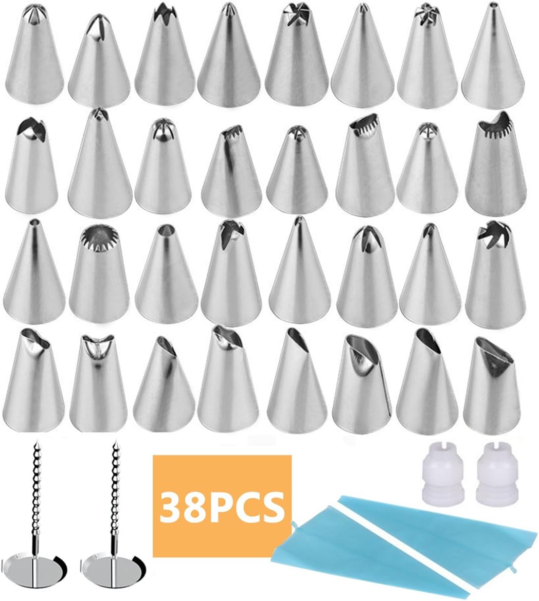 Ankier Cake Decorating Supplies, 32 Stainless Steel Baking Piping Tips with 2 Reusable Icing Pastry Bag, 2 Couplers, 2 Flower Nails and Storage Case for Cakes Cupcakes Pastry (38 pcs)