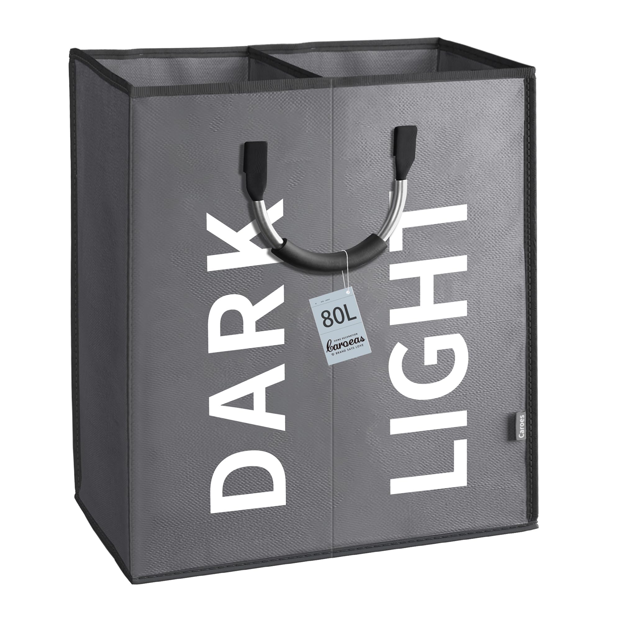 Caroeas 80L Collapsible Laundry Basket, Foldable Waterproof Washing Basket 2 Sections with Handles, Slim Laundry Bin for Laundry Room Bedroom (Dark Grey)