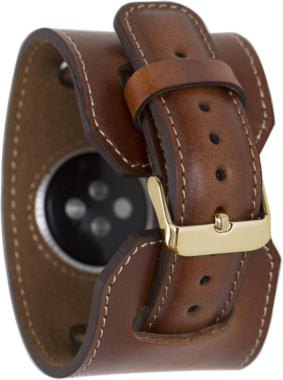 Rennaleather Brown Genuine Leather Cuff Style Watch Strap Compatible with Apple iWatch with 38 / 40 mm and 42 / 44 mm for Series 1/2/3/4/5 Handmade Leather (42 mm / 44 mm, Gold Connector)