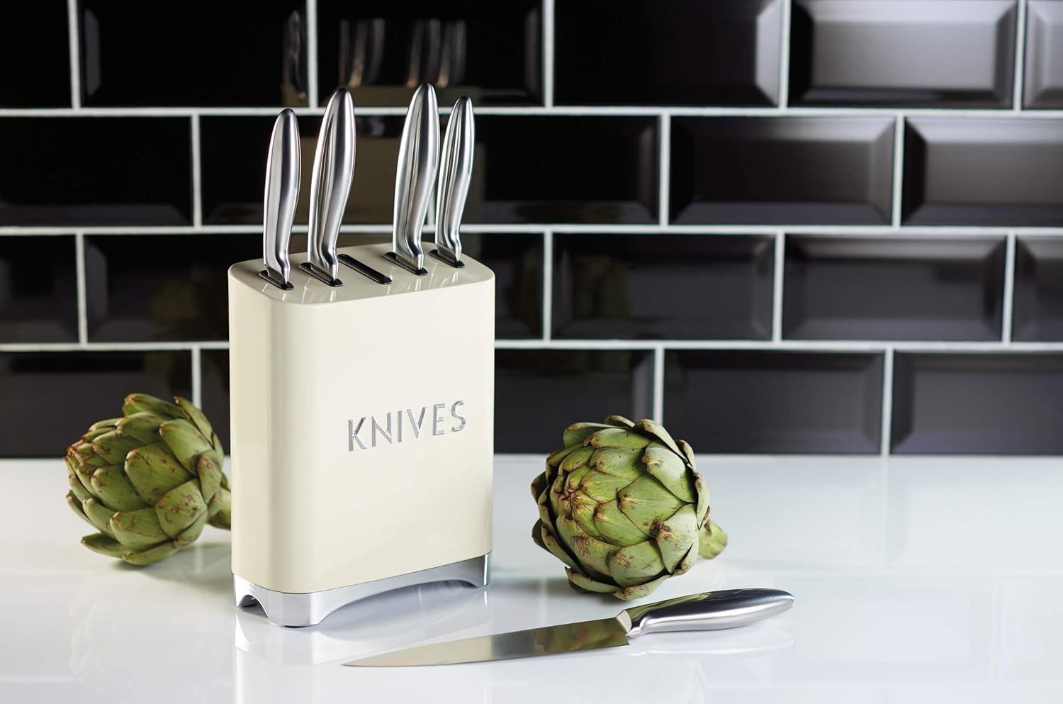 KitchenCraft Lovello Retro 5-Piece Stainless Steel Knife Set and Knife Block - Vanilla Cream, 19 x 1 x 24.5 cm - Image 5