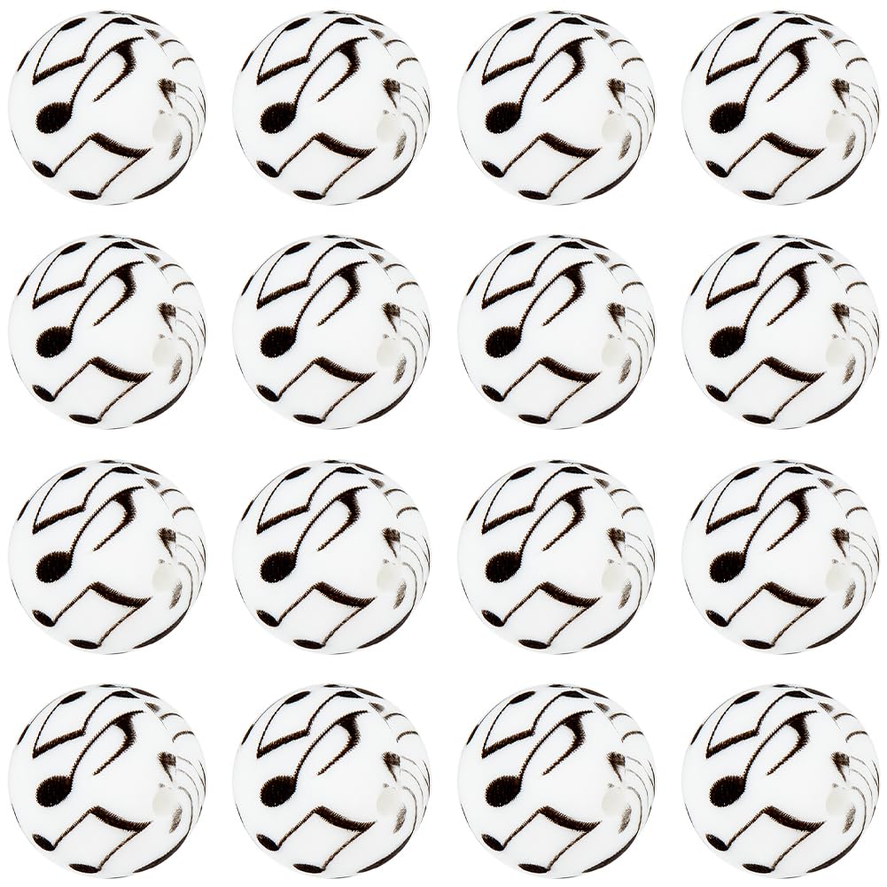 SUNNYCLUE 1 Box 30Pcs Silicone Printed Beads 15mm Round Beads Printed Rubber Round Leopard Focal Black White Color Music Note Loose Spacer Beads for jewellery Making Beads DIY Necklace Findings Women