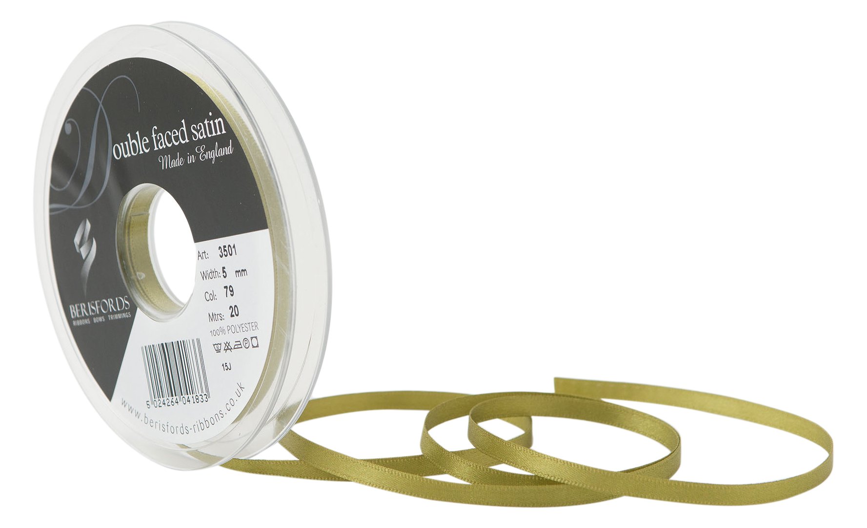 Berisfords Double FACE Poly Satin Ribbon, Moss, 5 mm