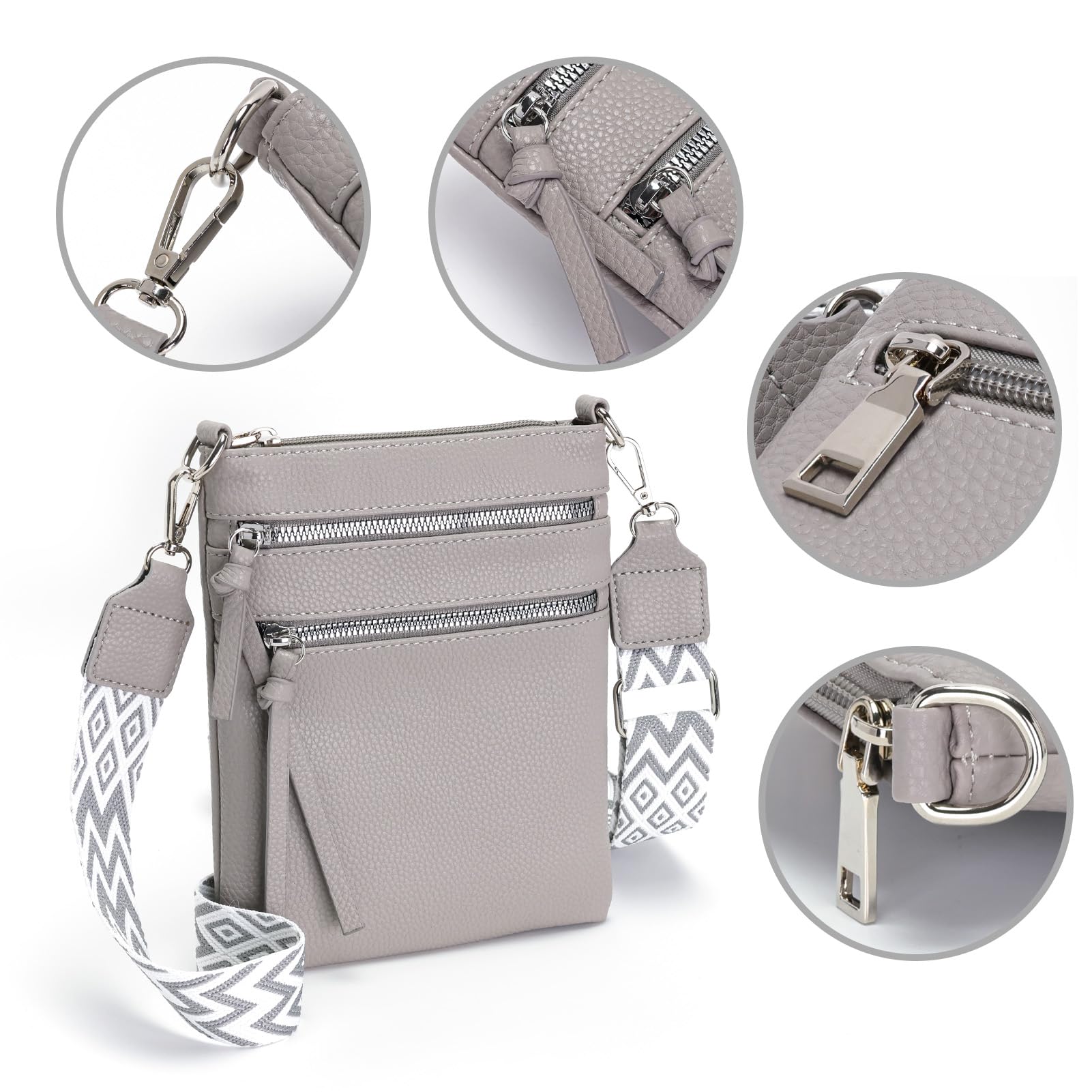 Vezluax kleine Umhängetasche Damen slim Handytasche zum Umhängen Leder Crossbody Bag mit Reißverschluss Schultertasche für Frauen Reise Geschenk Grau 4