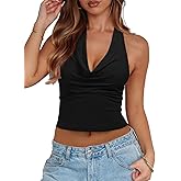 REORIA Women's Cowl Neck Halter Tank Tops Backless Double Lined Y2k Shirts Cute Summer Trendy Sleeveless Crop Tops