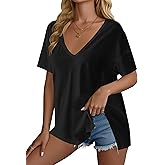 Avanova Women V Neck Side Slit Split Tee Oversized Short Sleeve Tshirts Summer Tops