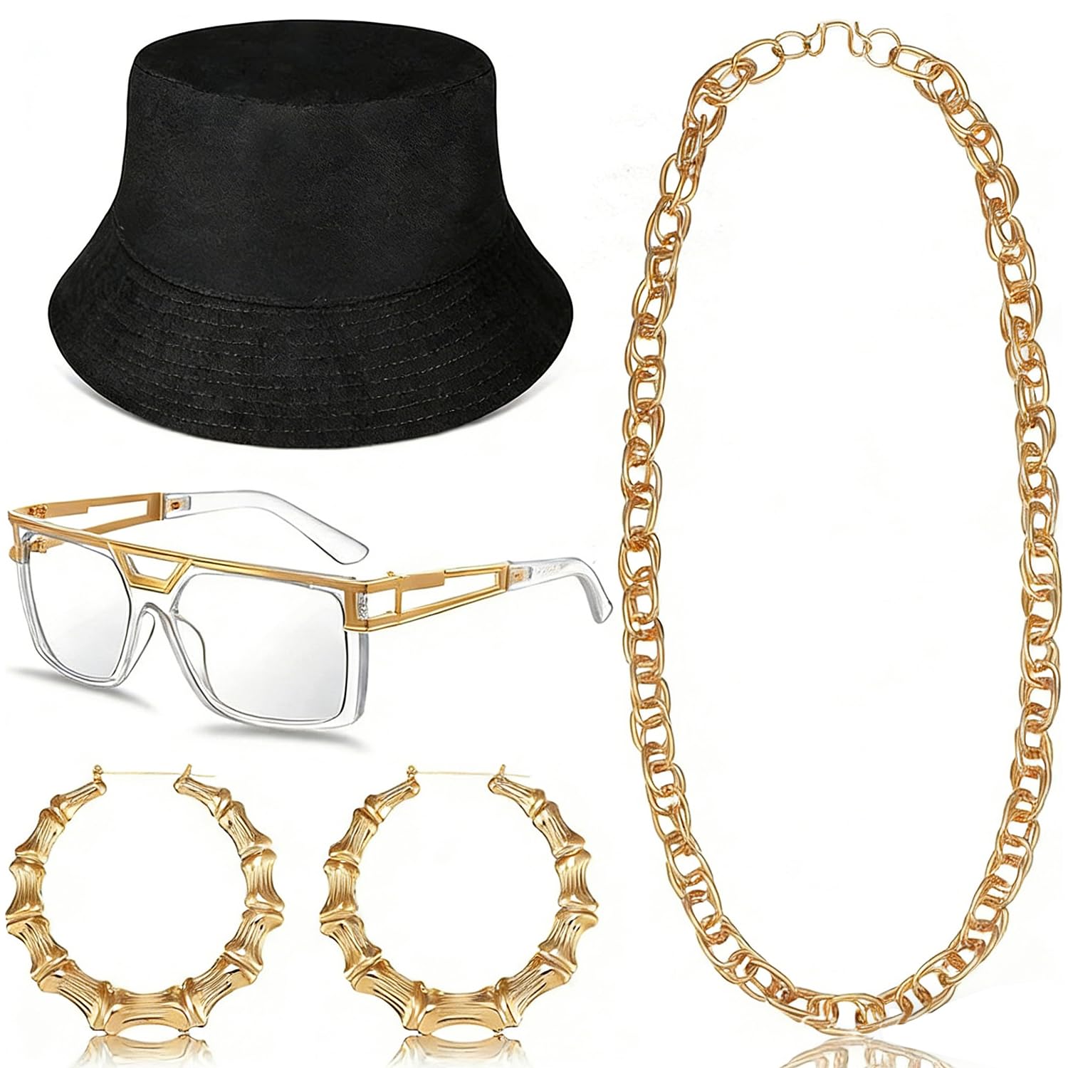 Hip Hop Rapper Costume Set, 5 Pcs Hip Hop Accessories Kit, Golden 80s Hips Hops Fancy Dress Accessories, Golden Necklace, Goldens Sunglasses,Goldens Earrings, Black Fisherman's Hat for Carnival Party — image 1
